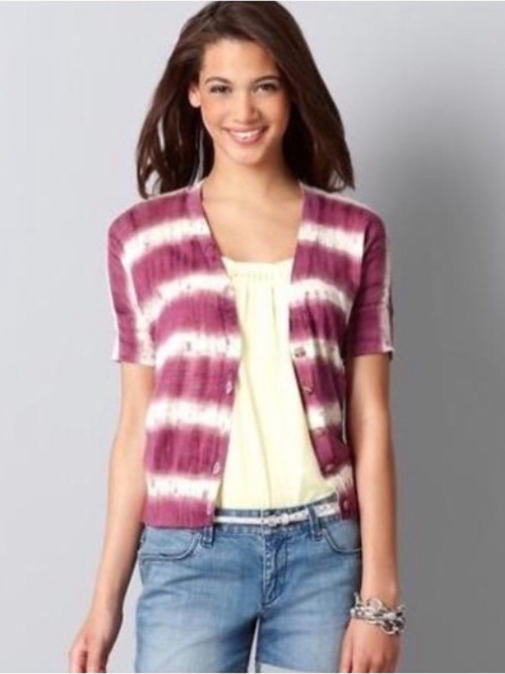 LOFT Light Cotten Short Sleeve Tie-Dye Cardigan Sweater in Pink & White